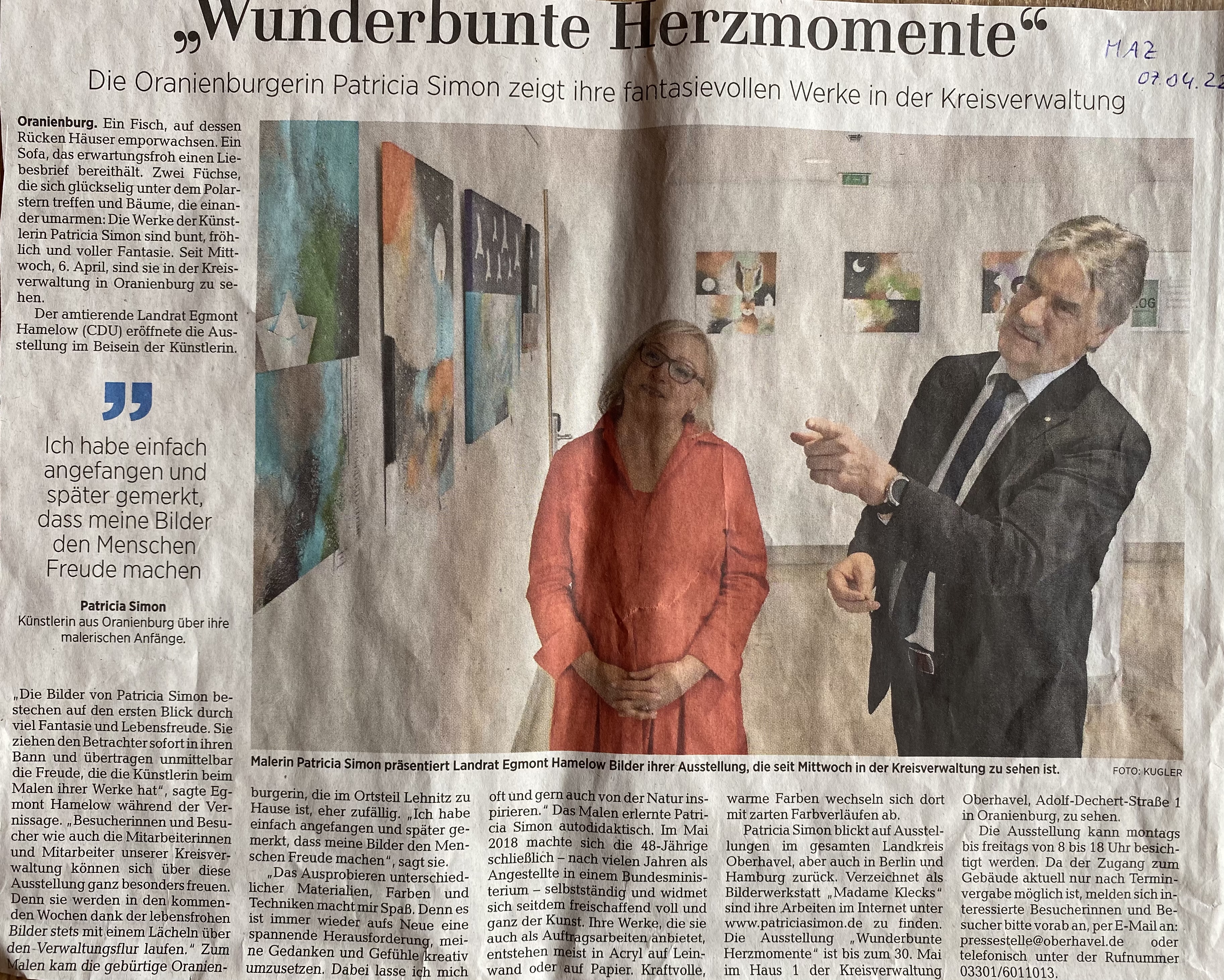Vernissage "Wunderbunte Herzmomente" 2022
Quelle: Märkische Allgemeine Zeitung